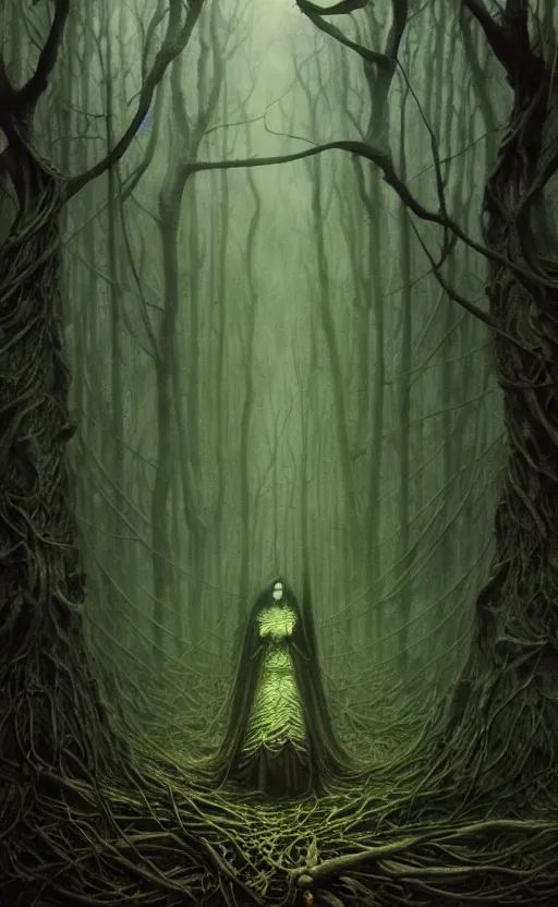 Image similar to a witch in an ominous forest, cinematic lighting, at night, highly detailed, symmetric, concept art, masterpiece, fantasy art, hyperdetailed, hyperrealism, saturated colors, art by zdzistaw beksinski, arthur rackham, dariusz zawadzki, larry elmore