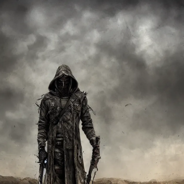 Image similar to hooded apocalyptic man standing in wasteland, hyper - detailed, smooth, sharp focus, 4 k ultra hd, fantasy dark art, apocalyptic art