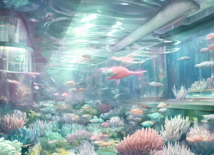 Prompt: placid pastel morning cozy moody cluttered painterly fluffy tiny cramped aquatic pet store, lots of aquariums, slanted ceiling, tiny space, particulate, trending on pixiv