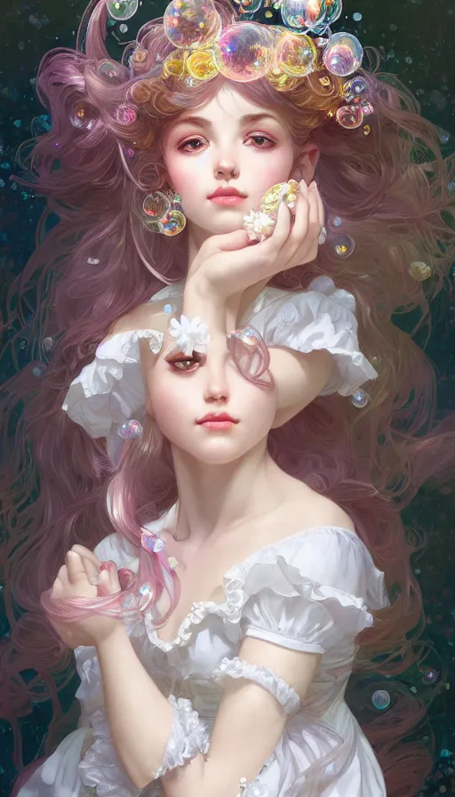 Prompt: portrait of magical lolita girl, dreamy and ethereal, white eyes, peaceful expression, ornate frilly dress, fantasy, intricate, elegant, rainbow bubbles, highly detailed, digital painting, artstation, concept art, smooth, sharp focus, illustration, art by artgerm and greg rutkowski and alphonse mucha
