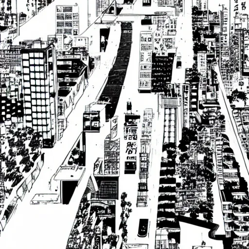 Image similar to a manga vignette with a japanese urban geometrical landscape, black and white, in style of inio asano