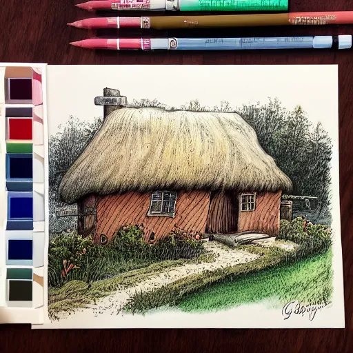 Prompt: a colored ink illustration of a humble cottage, drawn on white parchment paper, vibe, atmosphere, detailed, muted colors, by greg rutowski and ryan berkley