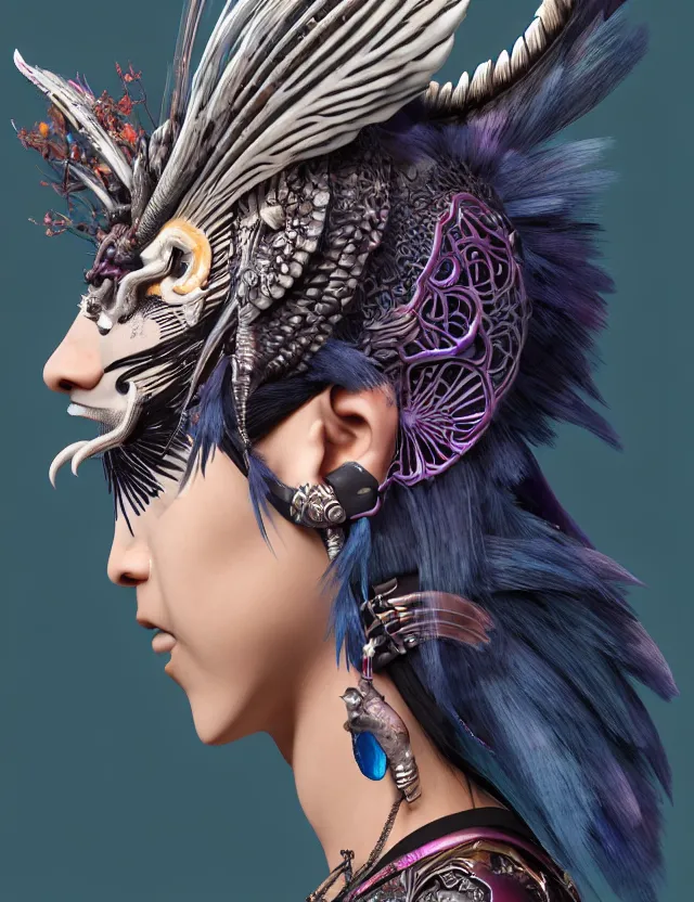 Image similar to 3 d goddess close - up profile portrait punk with mohawk with ram skull. beautiful intricately detailed japanese crow kitsune mask and clasical japanese kimono. betta fish, jellyfish phoenix, bio luminescent, plasma, ice, water, wind, creature, artwork by tooth wu and wlop and beeple and greg rutkowski