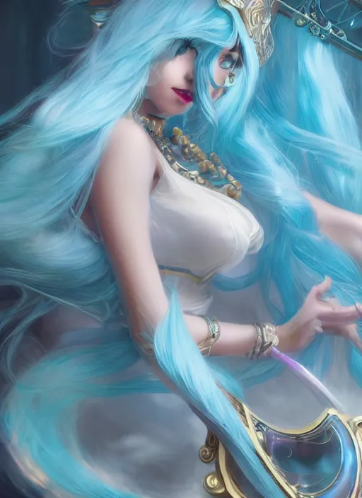 Image similar to elegant sona, from league of legends, with an harp, light blue hair, hyper detailed, digital art, trending in artstation, cinematic lighting, studio quality, smooth render, unreal engine 5 rendered, octane rendered, art style by klimt and nixeu and ian sprigger and wlop and krenz cushart