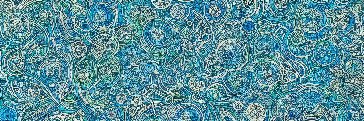 Image similar to shades of blue and green forming art nouveau explosions, white lining, vivid colors, intricate, ornate, circuitry, gears, sparkle, extremely hyperdetailed line art, sharp focus