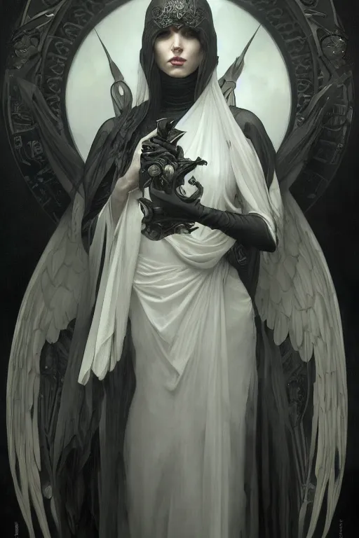 Image similar to portrait of the angel of death, black and silver, by tom bagshaw and alphonse mucha and atey ghailan and artgerm and and greg rutkowski, hyper realistic, octane render, trending on artstation