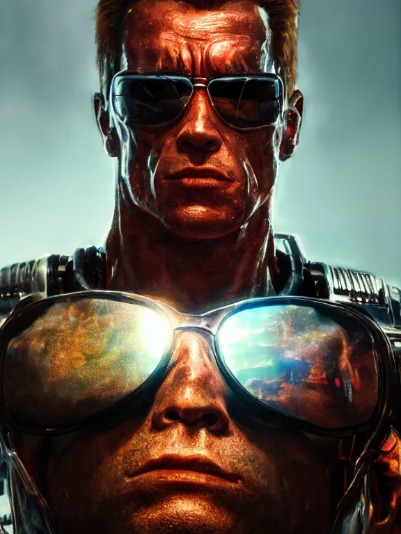 Prompt: portrait art of the terminator 8k ultra realistic , lens flare, atmosphere, glow, detailed,intricate, full of colour, cinematic lighting, trending on artstation, 4k, hyperrealistic, focused, extreme details,unreal engine 5, cinematic, masterpiece