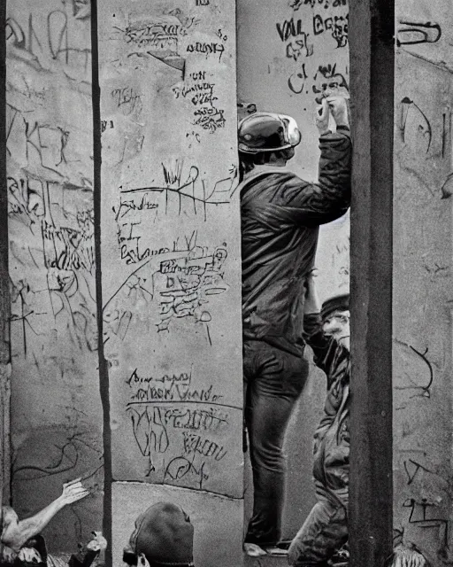 Image similar to fall of the berlin wall, hyper realism, high detail, extremely detailed, very sharp, award winning photo, in the style of vivian maier