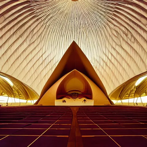 Image similar to interior of a futuristic lotus temple with gold, red and white marble panels, in the desert, by buckminster fuller and syd mead, intricate contemporary architecture with art nouveau motifs, photo journalism, photography, cinematic, national geographic photoshoot