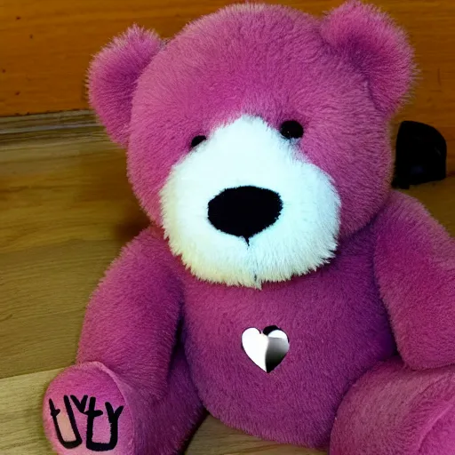 Prompt: pink teddybear with a black heart symbol on it's chest