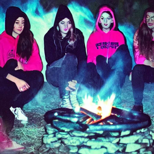 Prompt: grainy 90s poloraid photo of a young woman wearing a Synthwave style hoodie near a campfire, sitting with friends; vintage image artifacts