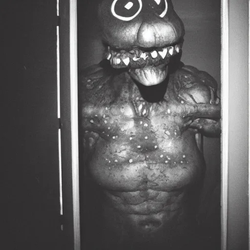 Prompt: grainy photo of pac - man as a creepy monster in a closet, harsh flash