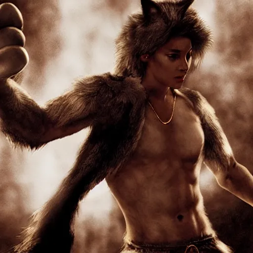 Image similar to a anthro wolf sorcerer fight club movie still