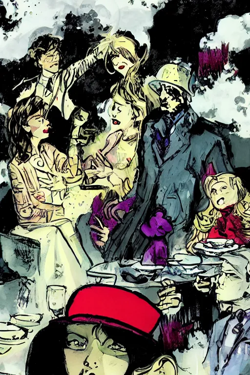 Prompt: a tea party in the clouds, graphic novel, high contrast, by bill sienkiewicz