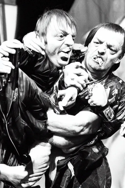 Image similar to Mark E Smith from The Fall strangling Fred Durst from Limp Bizkit