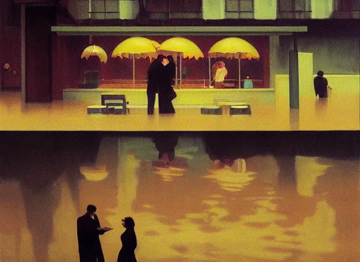 Prompt: spherical melting people kissing at flooded restaurant Edward Hopper and James Gilleard, Zdzislaw Beksinski highly detailed