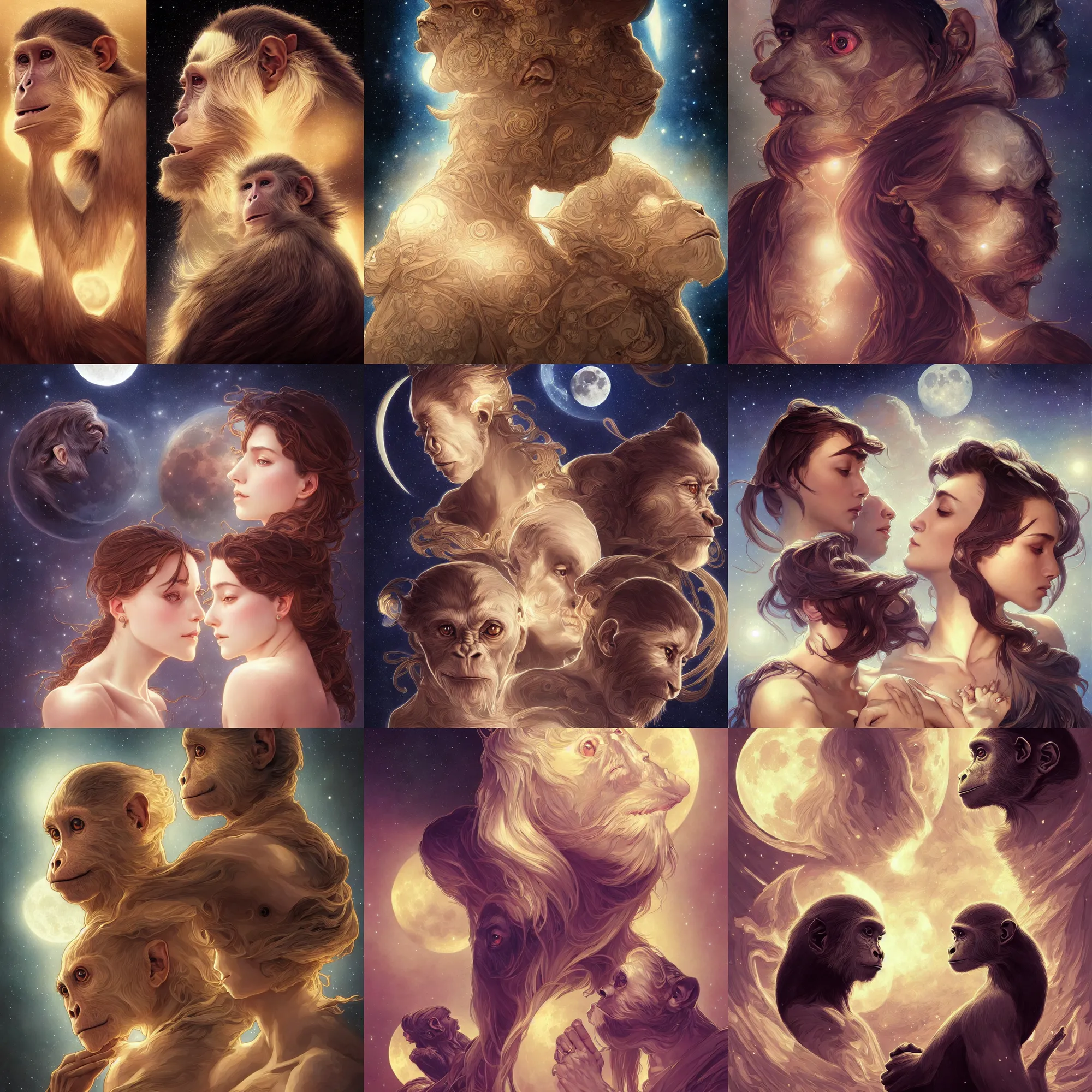 Prompt: symmetry!! ultra realistic portrait of primates! moon and galaxy in background!, intricate, elegant, highly detailed, digital painting, artstation, concept art, smooth, sharp focus, illustration, art by artgerm and ross tran and greg rutkowski and alphonse mucha, 8 k