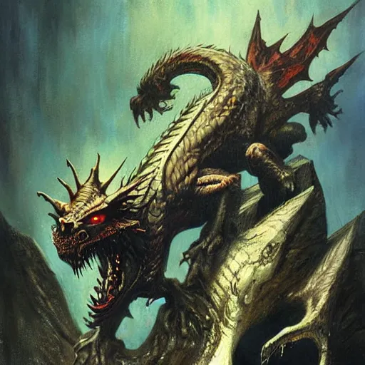 Prompt: dragon, by seb mckinnon and frank frazetta