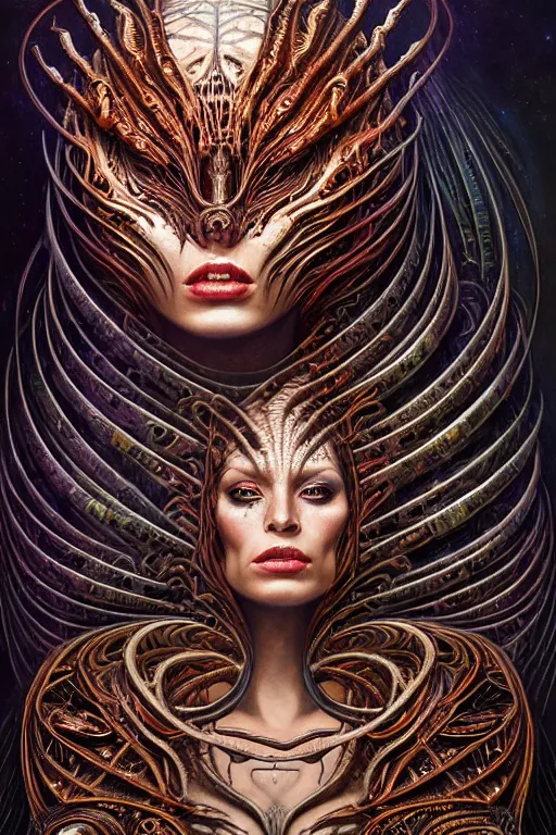 Image similar to single face portrait. complex hyper-maximalist overdetailed cinematic cosmic scifi portrait of an elegant very attractive but wild and dangerous humanoid reptilian goddess by andrei riabovitchev, tomasz alen kopera, oleksandra shchaslyva. Omnious intricate. Secessionist portrait illustration. Poison goddes. Slightly influenced by giger. Zerg human hybrid goddes. Unreal engine 5. Focus on face. Artstation. Deviantart. 8k 4k 64megapixel. Cosmic horror style. Rendered by binx.ly.