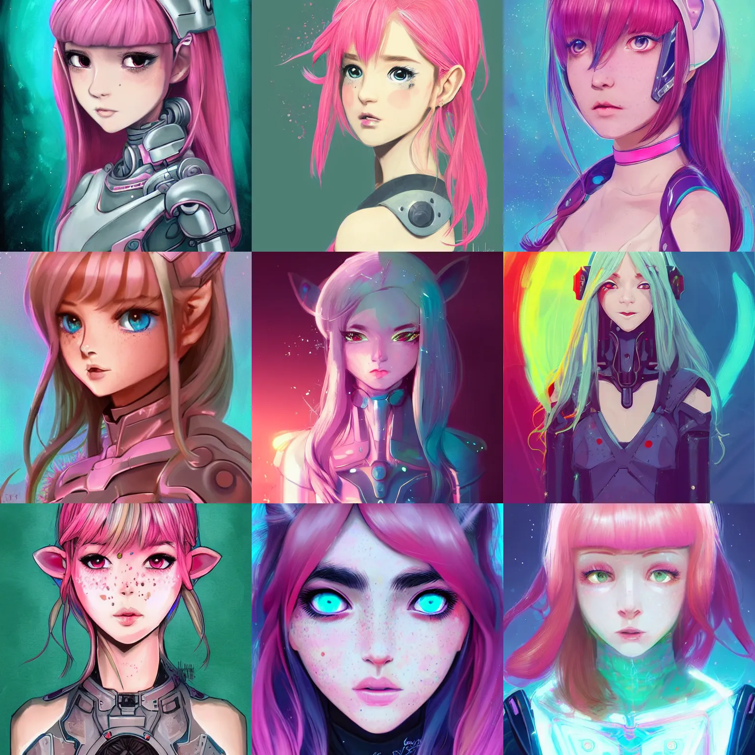 Prompt: girl portrait, elven mecha warrior princess, head and shoulders, matte print, pastel pink, neon highlights, digital art, cute freckles, digital painting, fan art, elegant, pixiv, by Ilya Kuvshinov, daily deviation, IAMAG, illustration collection aaaa updated watched premiere edition commission ✨✨✨ whilst watching fabulous artwork \ exactly your latest completed artwork discusses upon featured announces recommend achievement