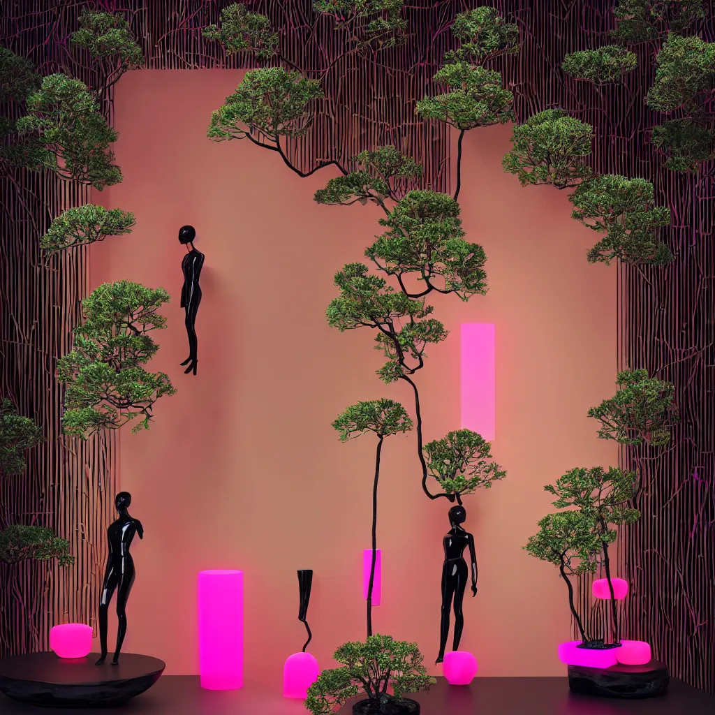 Prompt: beautiful mannequin sculpted out of black glass by billelis + lit with geometric neon dripping gold + forest in background!!!, facing a doorway opening with neon pink geometric fractal light + flowering bonsai trees, transcendent, clean linework, dramatic, finely detailed, award winning, 4 k, trending on artstation, photorealistic, volumetric lighting, octane render