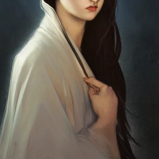 Prompt: angry girl, portrait, ice magic, long face, sharp features, black hair, dark robe, art by artgerm and greg rutkowski and alphonse mucha, trending on artstation, cinematic light, pastel colors, volumetric shading, high radiosity dull skin, global illumination, radiant light, soft light, soft color dodge, subsurface scattering