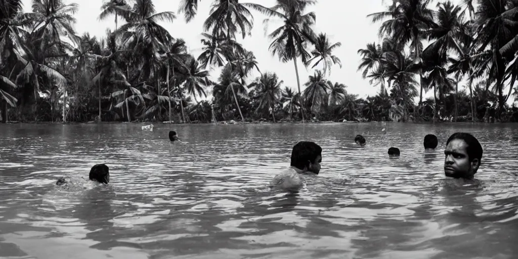 Prompt: sri lankan submerged in a pool, film still, thriller movie style