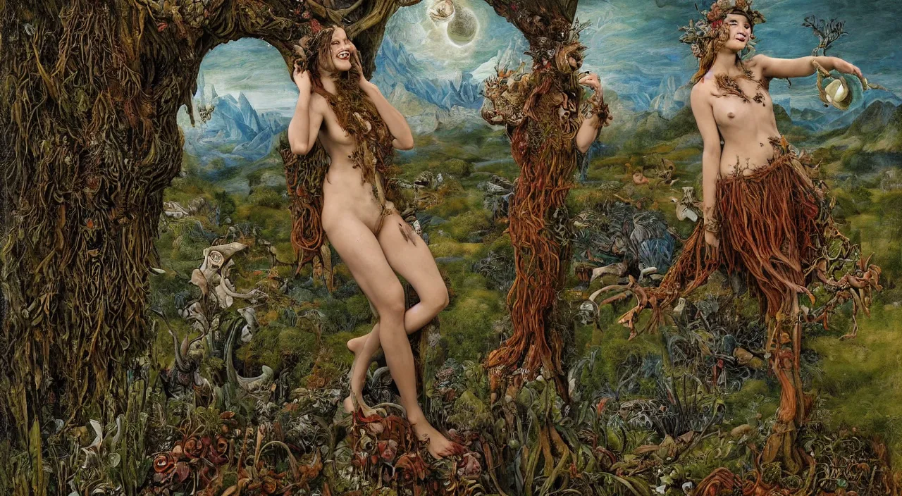 Prompt: a grinning druid dryad with goat pupils transforming herself into a mad beast. her skin is covered in scales and feathers. landscape with mountains, river and night sky. painted by jan van eyck, max ernst and ernst haeckel, trending on artstation, 8 k, award winning, hard lighting, fashion editorial, mythology, photorealistic