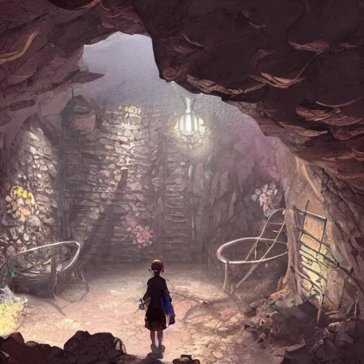 Image similar to concept art painting of inside a mine mineshaft with rock crystals, realistic, detailed, cel shaded, in the style of makoto shinkai and greg rutkowski and james gurney