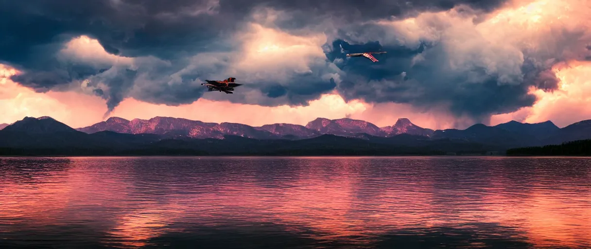 Image similar to donald trump flying over lake in lightning clouds, sunset, mountains, 4 k, hd, explosive, colorfull