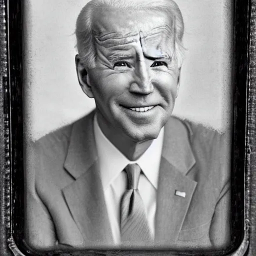 Image similar to joebiden!!! humanoid. daguerreotype portrait photograph. inspired by gerard grom and ansel adams. beautiful. cute. happy. highly detailed. old timey.