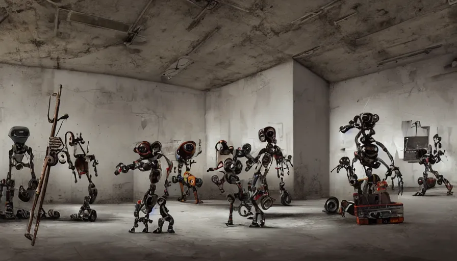 Image similar to robots in an abandoned decrepit art gallery, robots stand in front of landscape paintings, robots holding paintbrushes and easels, landscape paintings on canvas with robots, 4 k, dramatic lighting, cinematic lighting, robot painter