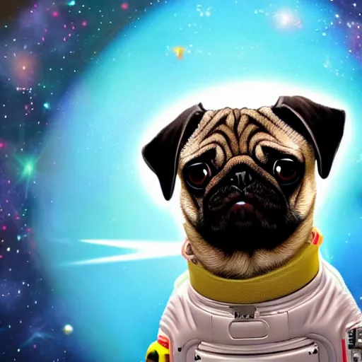 Image similar to A pug in a spacesuit floating through space. Photorealistic.