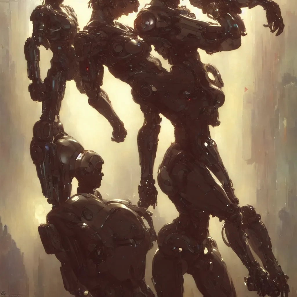 Image similar to male cyborg in love with female android, by gaston bussiere, anna nikonova aka newmilky, greg rutkowski, yoji shinkawa, yoshitaka amano, tsutomu nihei, muira, moebius, donato giancola, trending on artstation, featured on pixiv