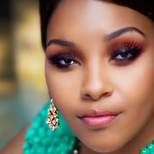 Image similar to close shot portrait of a lavish woman of society, wearing embellished jewelry and attire with woven flourishes, learned gaze in the eyes, bokeh, light from top right, diverse textures