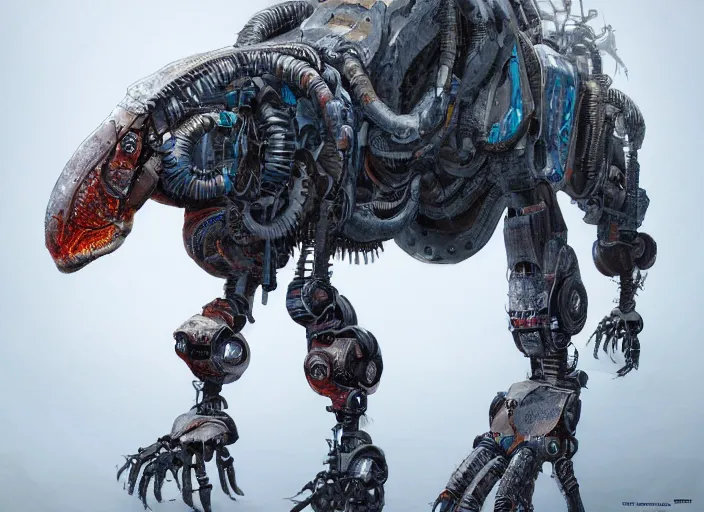 Prompt: detailed full body concept art illustration oil painting of a robotic animal in full intricate detail, ultra detailed, digital art, octane render, dystopian, zero dawn, 4k