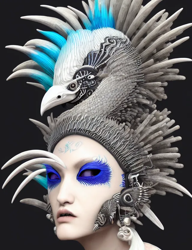 Image similar to 3 d goddess close - up profile simple portrait punk with mohawk with ram skull. beautiful intricately detailed japanese crow kitsune mask and clasical japanese kimono. betta fish, jellyfish phoenix, bio luminescent, plasma, ice, water, wind, creature, artwork by tooth wu and wlop and beeple and greg rutkowski