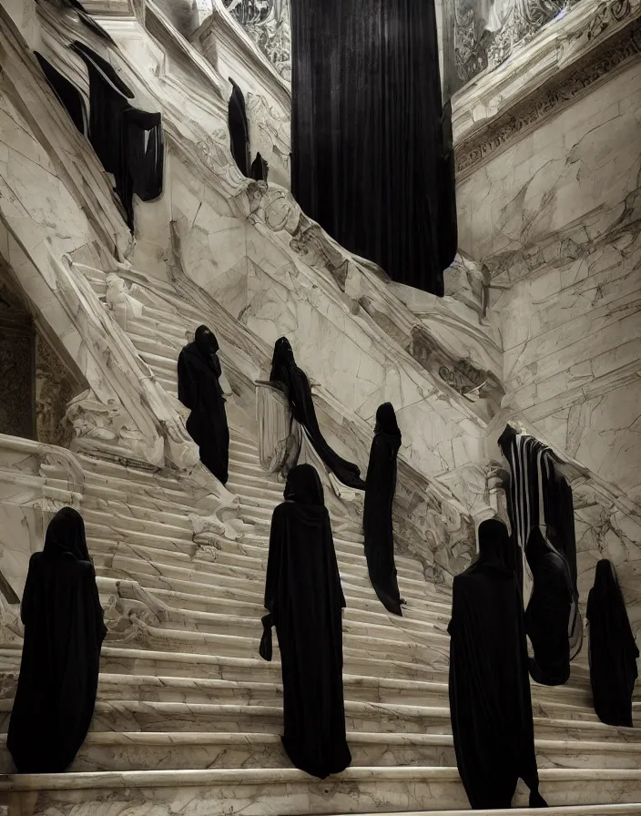 Image similar to several ritualistic figures shrouded in a long trailing dark black opaque gown, descending in tandem down a giant marble staircase in a dark room, photorealism, hyperrealism, harsh lighting, dramatic lighting, medium shot, serious, gloomy, foreboding, cinematic, creepy