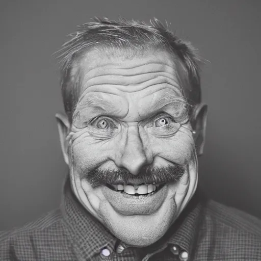 Image similar to photo of a 5 0 year old ginger men with rotten teeth, ugly appearance, dark room with a tv background, 8 5 mm, f / 1. 3