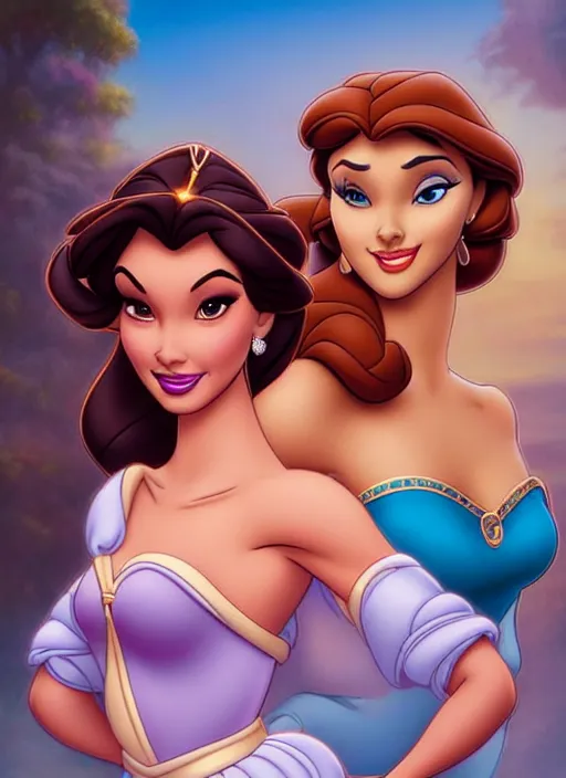 Image similar to gorgeous disney princess jasmine and princess belle, professionally retouched, muted colors, soft lighting, realistic, smooth face, full body shot, torso, dress, perfect eyes, sharp focus on eyes, 8 k, high definition, insanely detailed, intricate, elegant, art by j scott campbell and artgerm