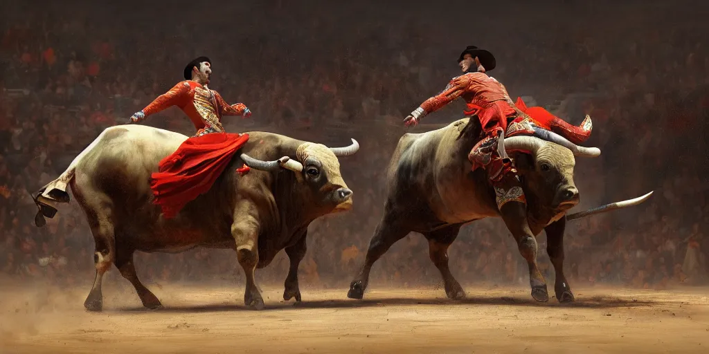 Prompt: a bullfighter fighting a bull in a bullring, mythology, extremely detailed digital painting, in the style of goya and ruan jia and jeremy lipking and peter mohrbacher, mystic colors, edge light, beautiful lighting, 4 k, scene dazzling, ray tracing, octane, trending on artstation