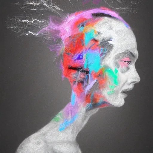 Image similar to face disintegrates into chalk, surreal, abstract, artstation