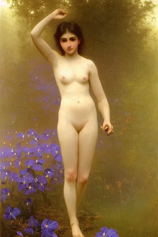 Image similar to moody painting of purple morning glory flowers vining and growing in a forest dimly lit at night. foggy volumetric darkness, muted colour palette oil painting on canvas william - adolphe bouguereau