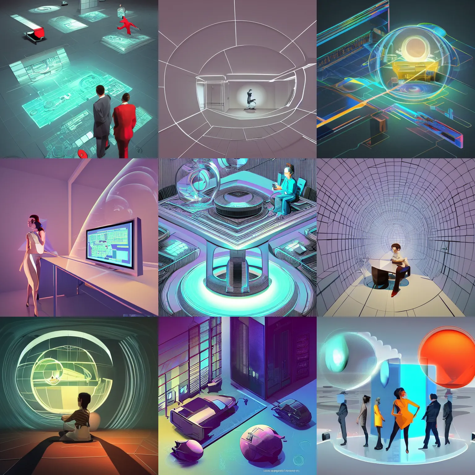 Prompt: Realistic depth. Fantastic lighting. Digital illustration artwork drawing cartoon masterpiece. Trending on Artstation, Behance, Pixiv, Deviantart, google images, youtube, reddit.com/r/ by Syd Mead. 3d version of a desktop interface in roomscale. Ideas represented within thought bubbles and symbolic pictograms. Somebody using a holographic 3d mind map within a room-space. User interface. Award-winning. UX/UI. User experience. Natural intuitive expressive. Multi-layered. Graspable. Easy. Complex.