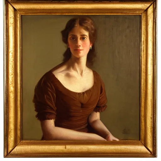 Prompt: a painting of a woman in a brown dress, a portrait by Jeanne du Maurier, cgsociety, american barbizon school, studio portrait, oil on canvas, chiaroscuro