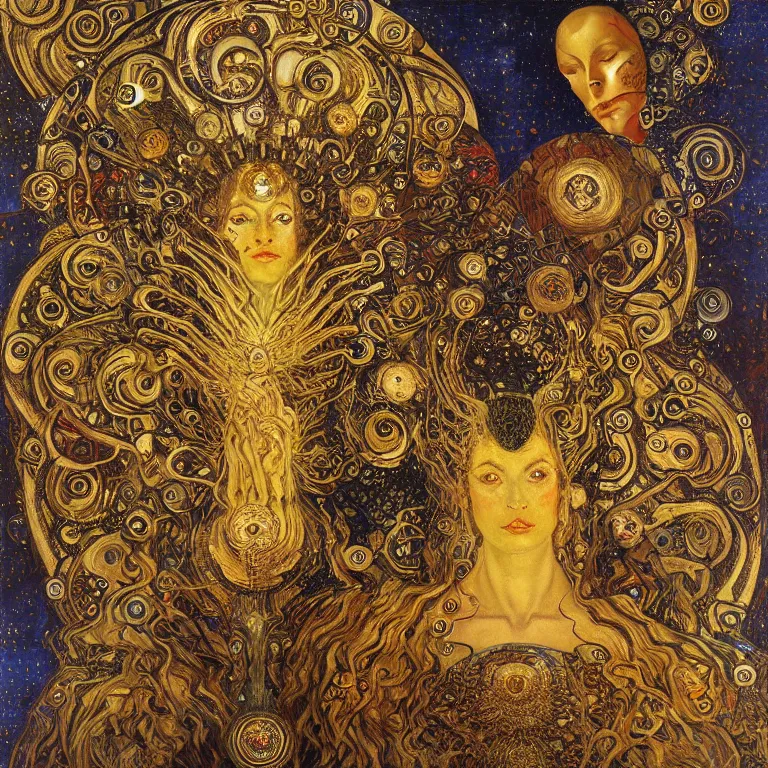 Image similar to Divine Chaos Engine by Karol Bak, Jean Deville, Gustav Klimt, and Vincent Van Gogh, celestial, visionary, sacred fractal structures, ornate gilded medieval icon, spirals, 8k 3D