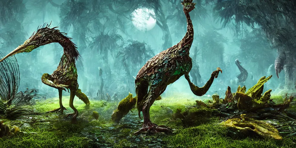 Image similar to a bird reptile giraffe mushroom jelly hybrid creature monster with metal scales feathers fur moss spines knobs, rich diverse lush alien world, fantasy, science fiction, dramatic lighting, in the style of national geographic, ken barthelmey, patrick woodroffe, illustration, octane render 8 k