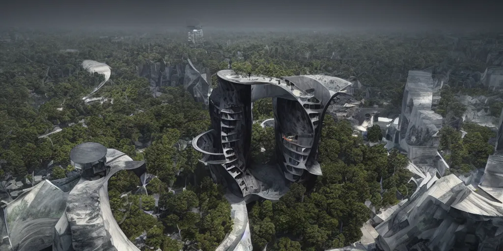 Image similar to modern brutalistic architecture tower build in the center of a huge ringed shaped mountain with forest on the top in the center of the ocean, unreal 5, hyper realistic, realistic, photorealistic, dynamic lighting, highly detailed, cinematic landscape, studio landscape, studio lighting