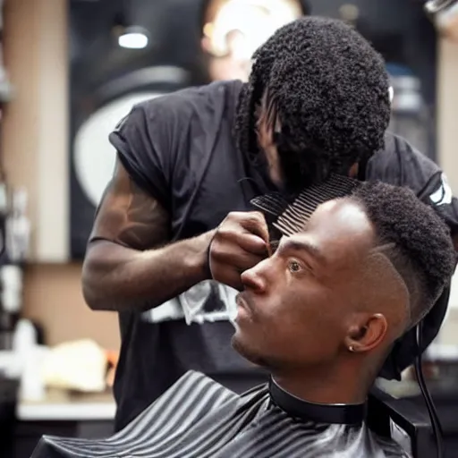 Image similar to predator on barbershop having a nice haircut detailed hd