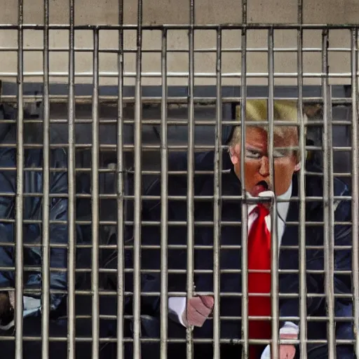 Image similar to donald trump in prison behind bars dressed in prison clothing